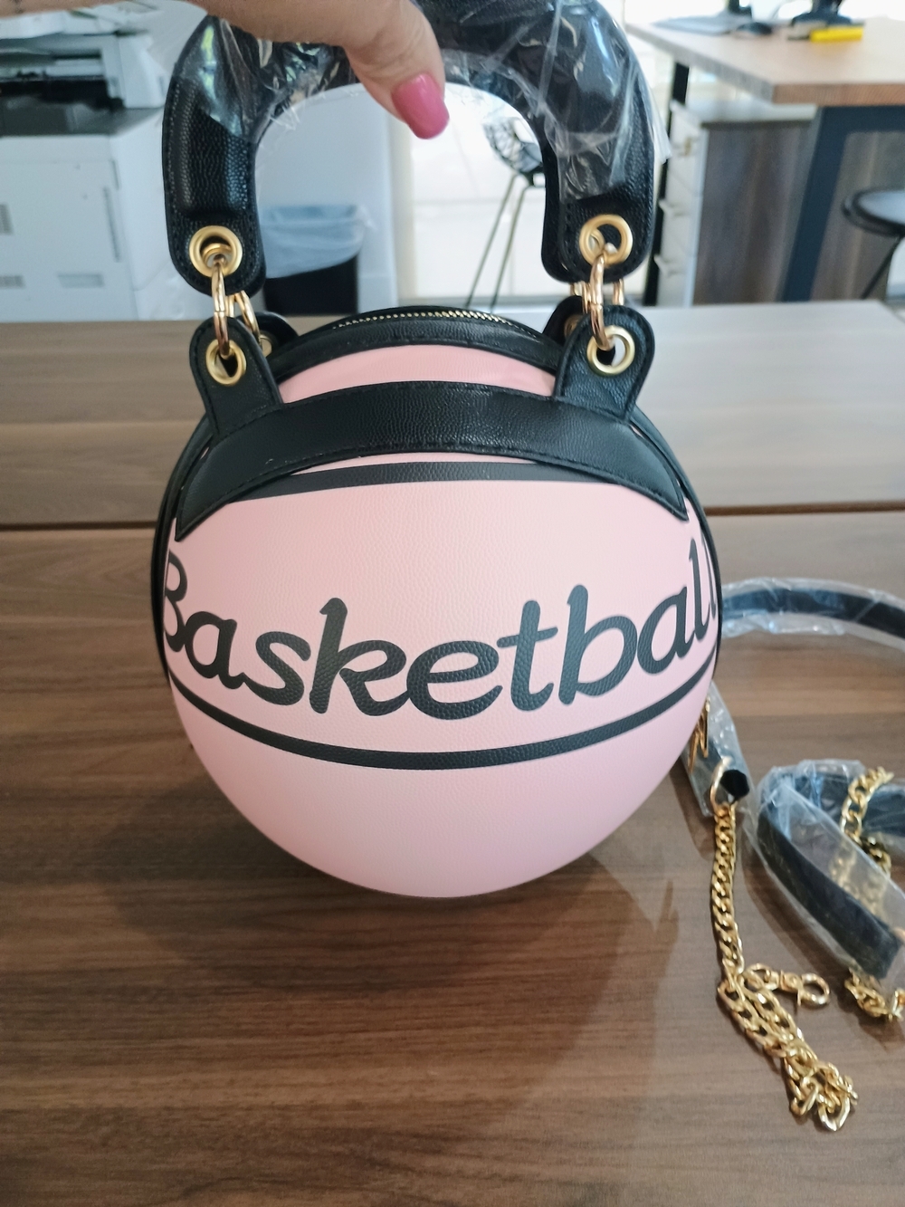 Pink Basketball-Style Round Crossbody Bag with Black Trim - Picture 3 of 6